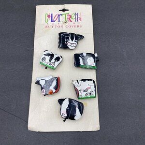Vintage Set of 6 Cow Button‎ Covers Black White Pink Wood NEW Funny